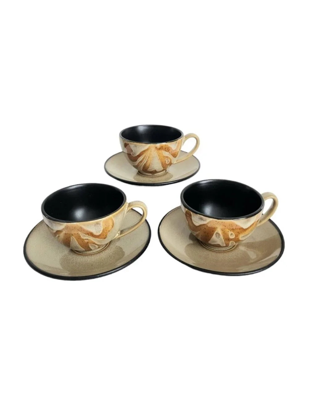 Set Of 3 Pier 1 Kioko Tea Coffee Cup and Saucers Tan Black Interior Boho Cottage